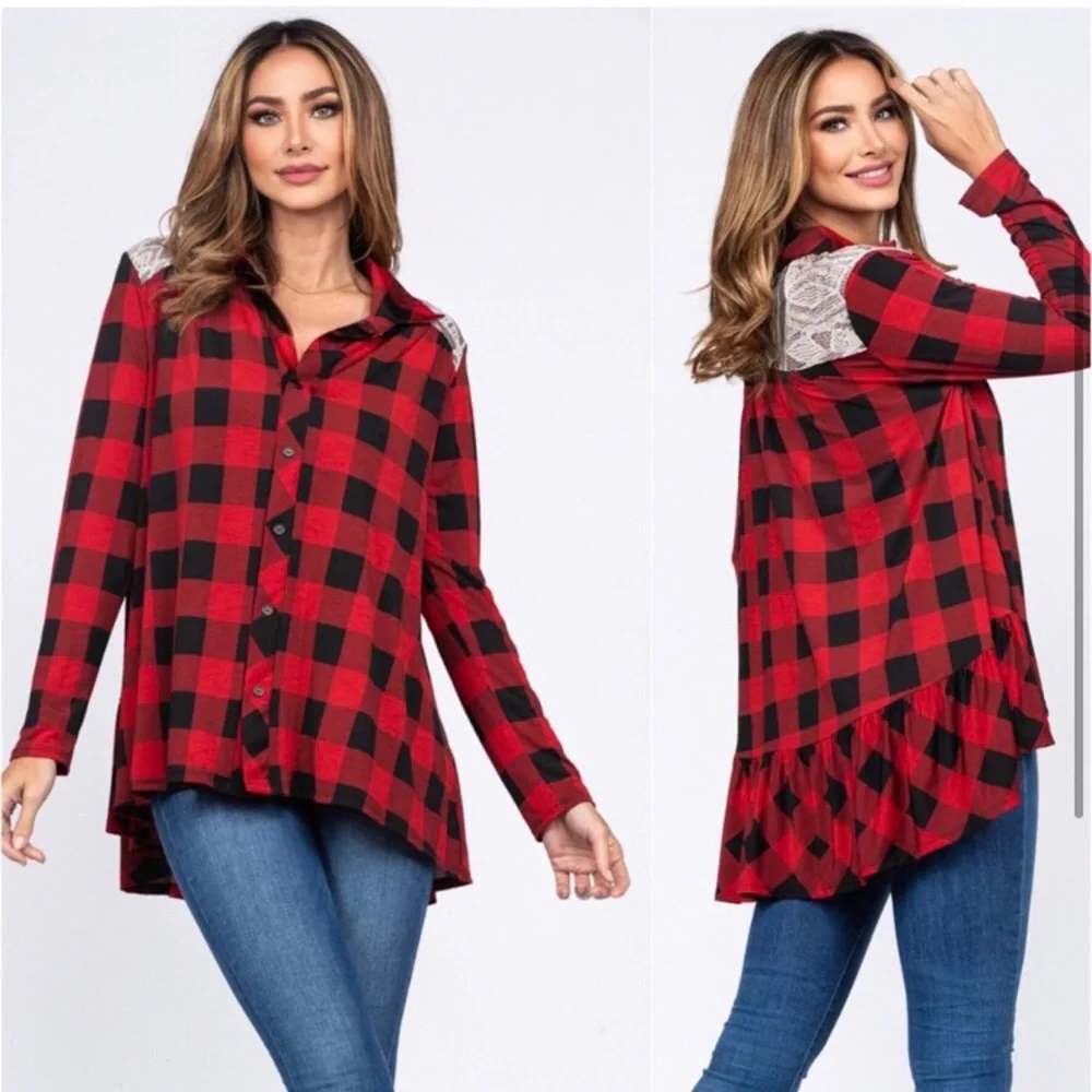 Buffalo plaid women’s high low button front sequin detail back label top - Picture 1 of 2